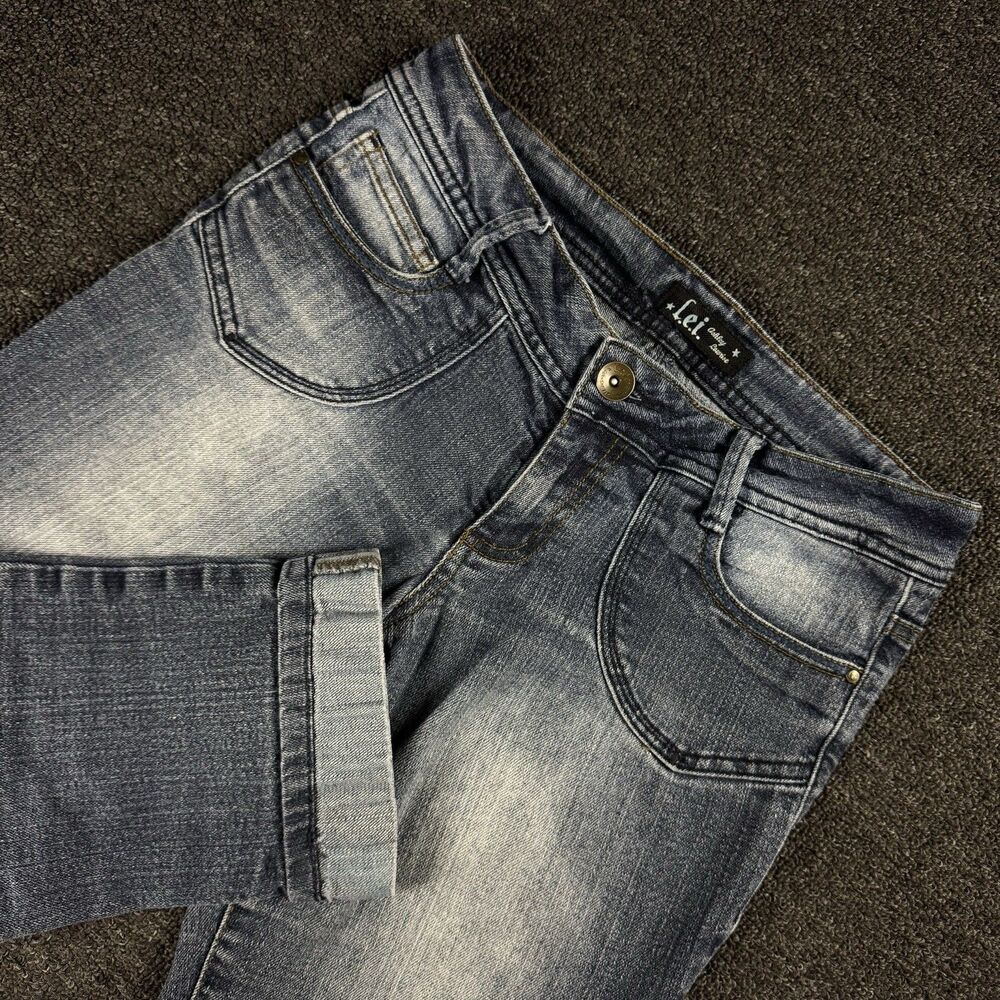 Y2k LEI Low Rise Cropped Denim Blue Jeans Pockets Cuffed Hem Size 7 Juniors
